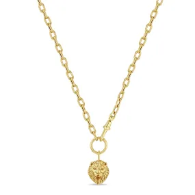 14k Large Square Oval Chain with Lion Head Pendant Necklace