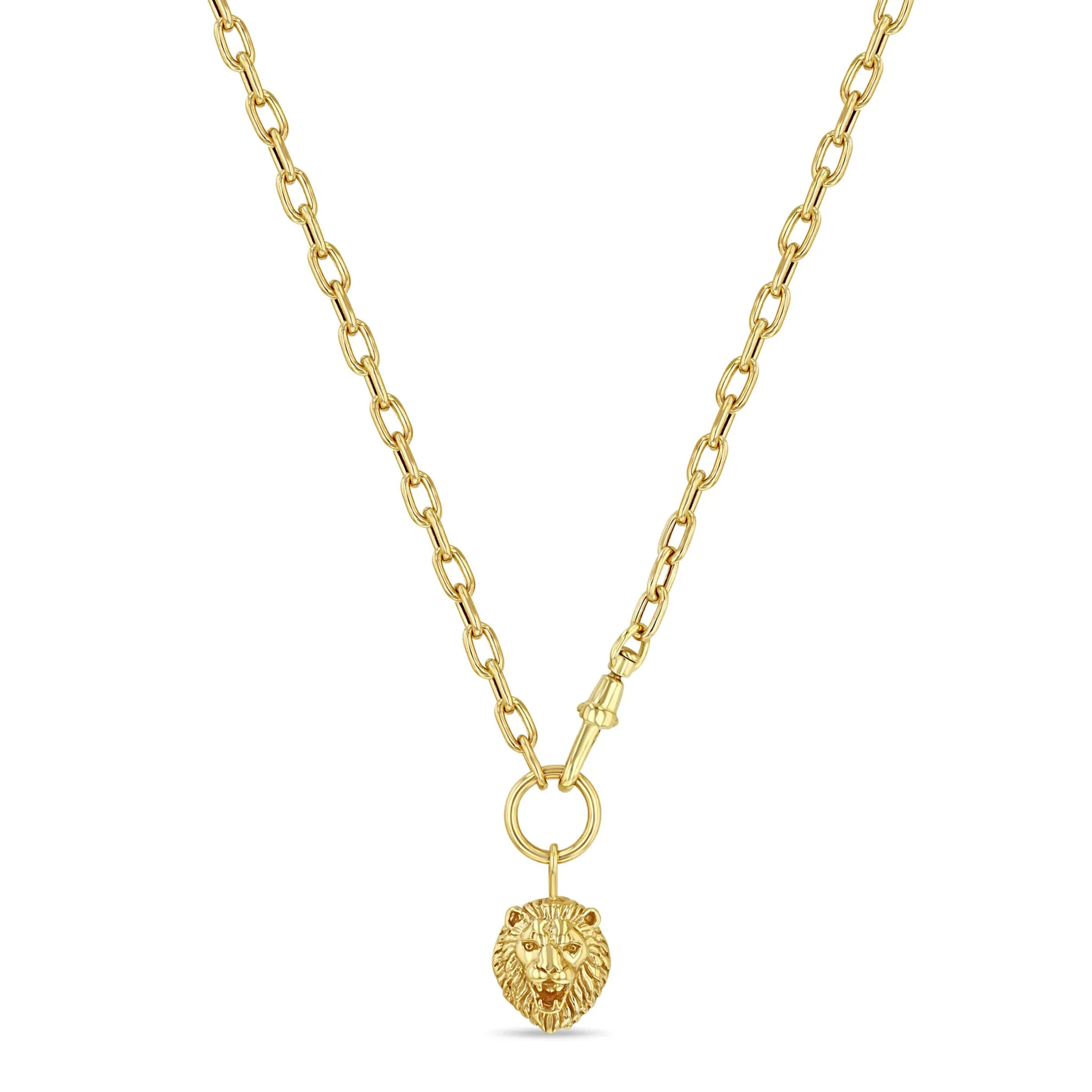 14k Large Square Oval Chain with Lion Head Pendant Necklace