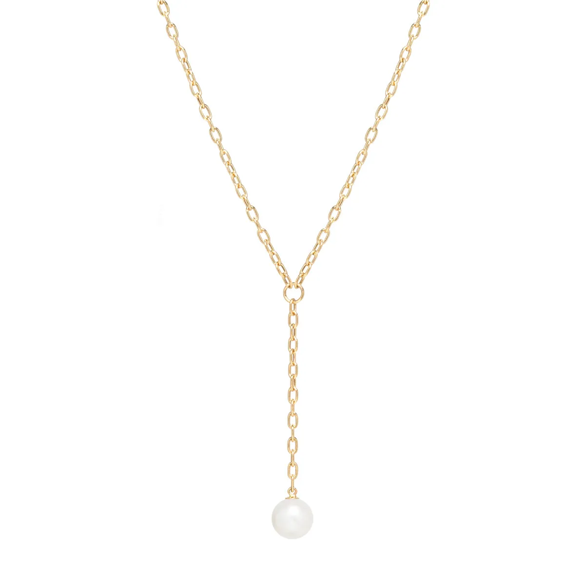 14k Small Square Oval Link Chain Lariat with Pearl Drop