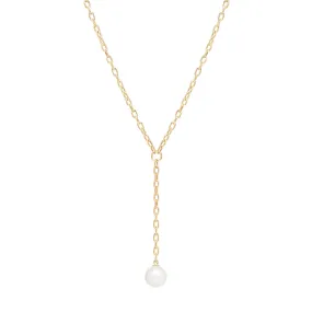 14k Small Square Oval Link Chain Lariat with Pearl Drop