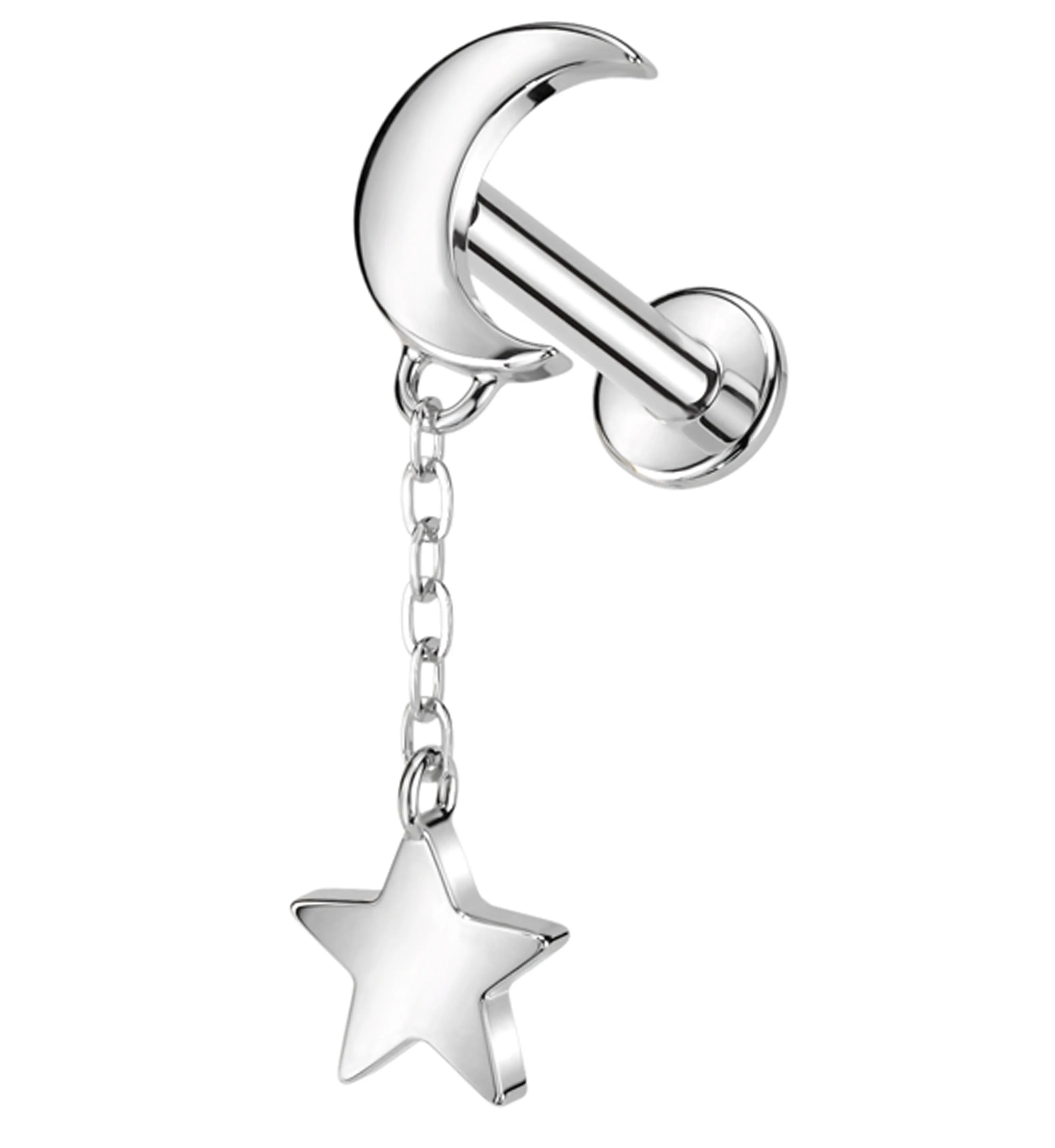 14kt White Gold Crescent Moon Dangle Star Internally Threaded Labret