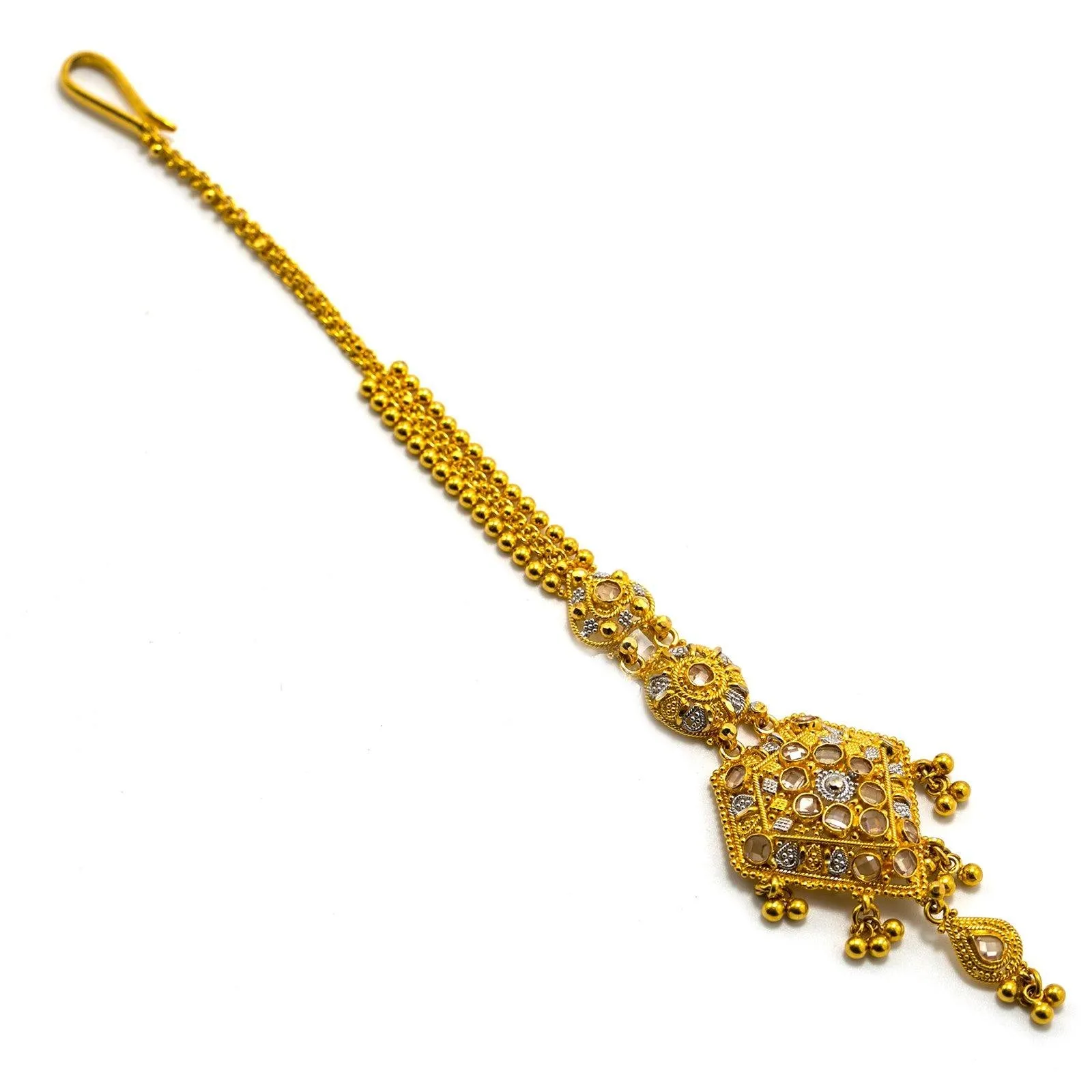 22K Multi Tone Gold Tikka W/ Hanging Ball Accents & Diamond Shaped Pendant