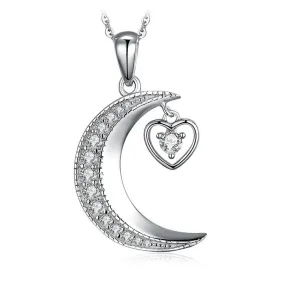 925 Sterling Silver Crescent Moon and Heart Crystal Pendant Necklace