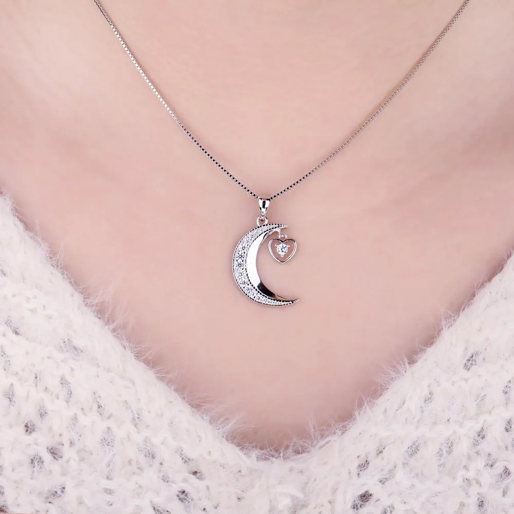 925 Sterling Silver Crescent Moon and Heart Crystal Pendant Necklace