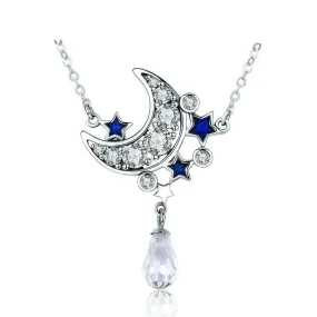 925 Sterling Silver Crystal Crescent Moon and Blue Star Pendant Necklace