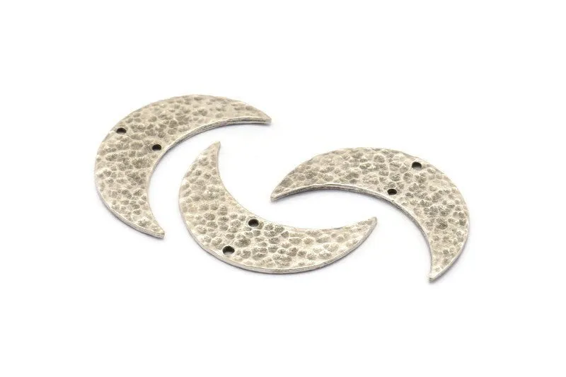 Antique Silver Hammered Crescent Finding, 2 Antique Silver Plated Brass Hammered Moons with 2 Holes (35x11x1.5mm) N0211 H0229