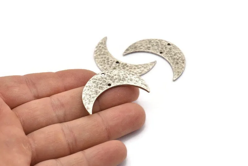 Antique Silver Hammered Crescent Finding, 2 Antique Silver Plated Brass Hammered Moons with 2 Holes (35x11x1.5mm) N0211 H0229