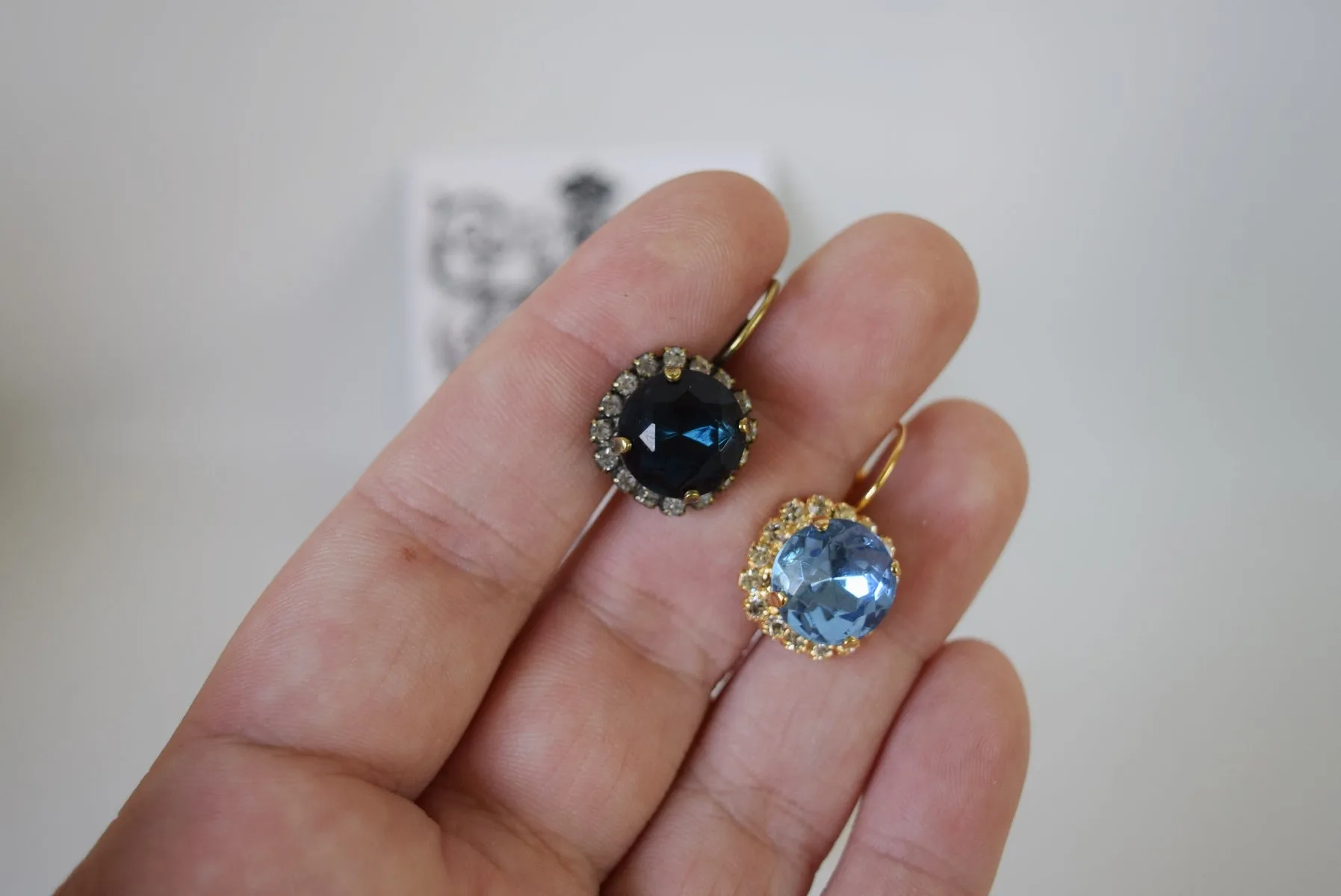 Blue Crystal Halo Earrings - Small Round