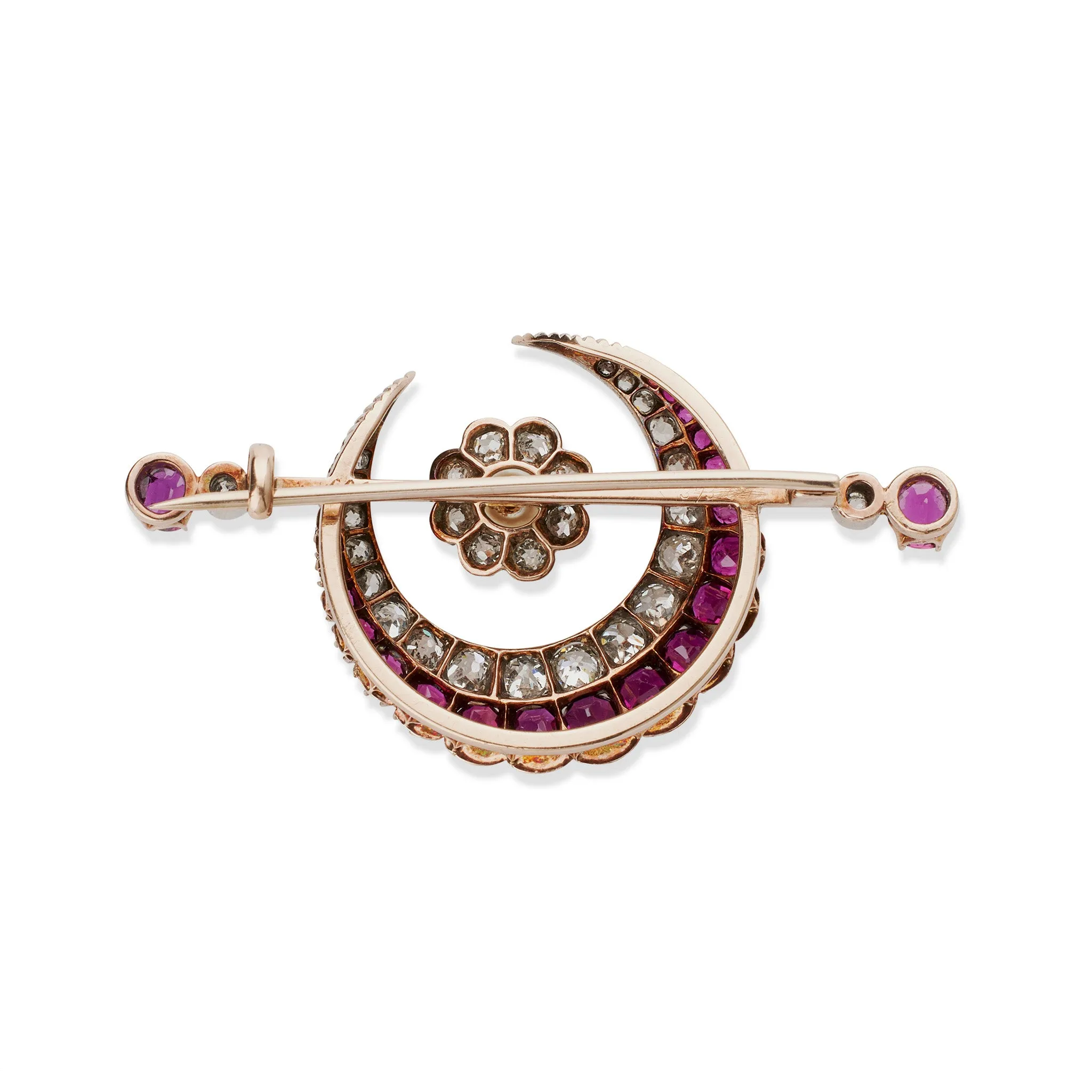 Carrington & Co. Antique Ruby, Diamond and Pearl Crescent Brooch