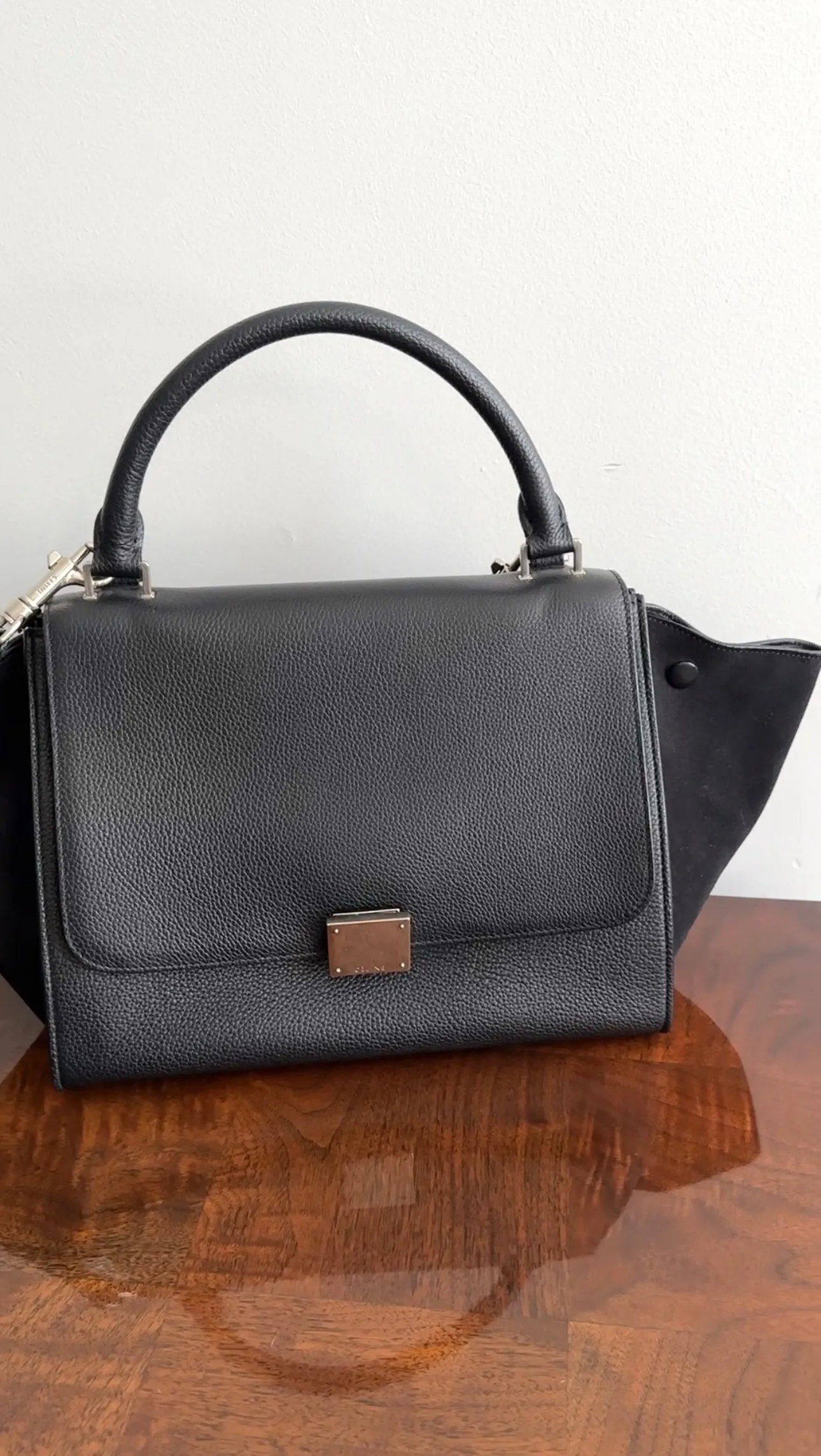 Celine Small Black Leather and Suede Trapeze Bag