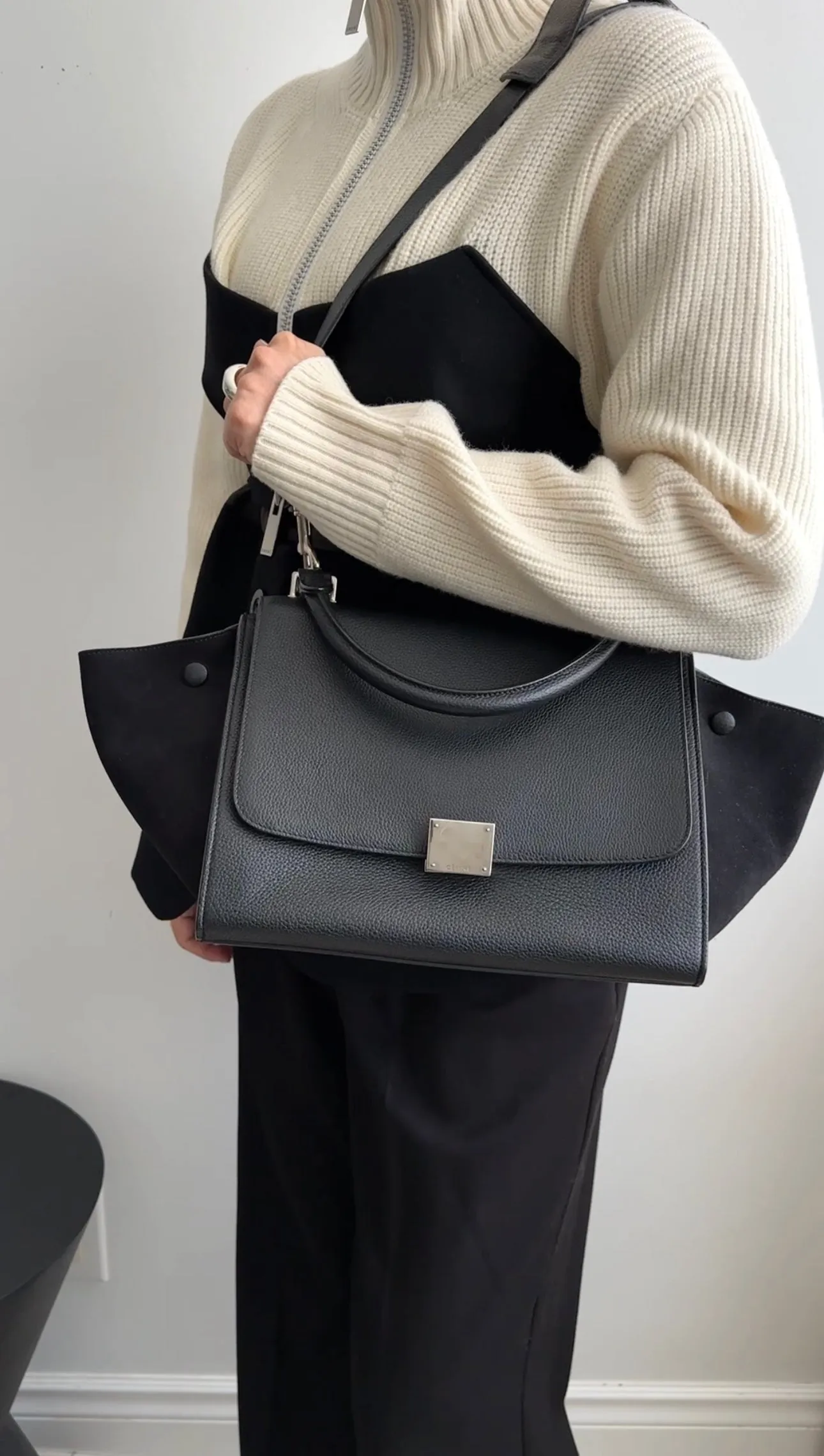 Celine Small Black Leather and Suede Trapeze Bag