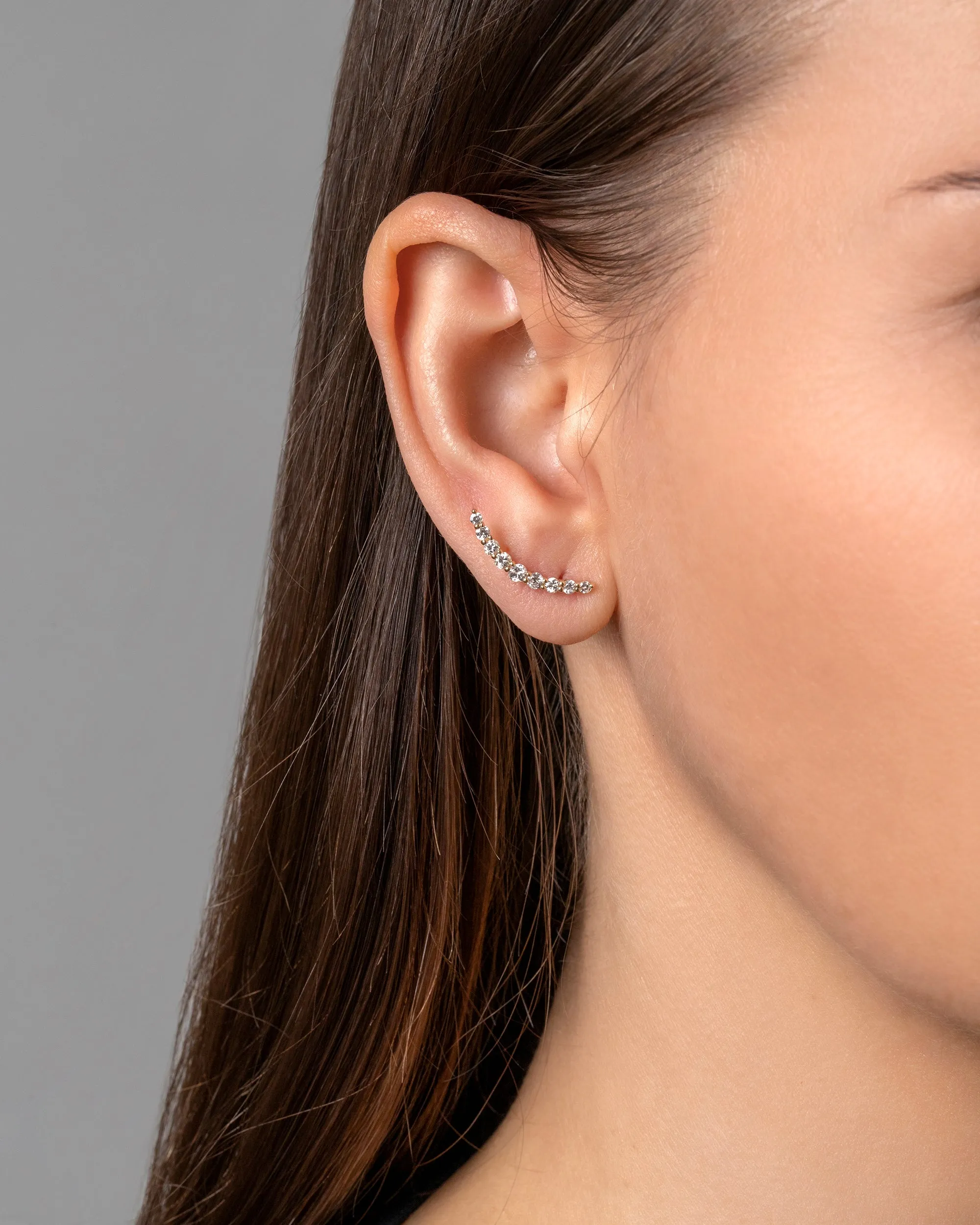 Crescent Ear Climber Stud Earrings - White Diamond