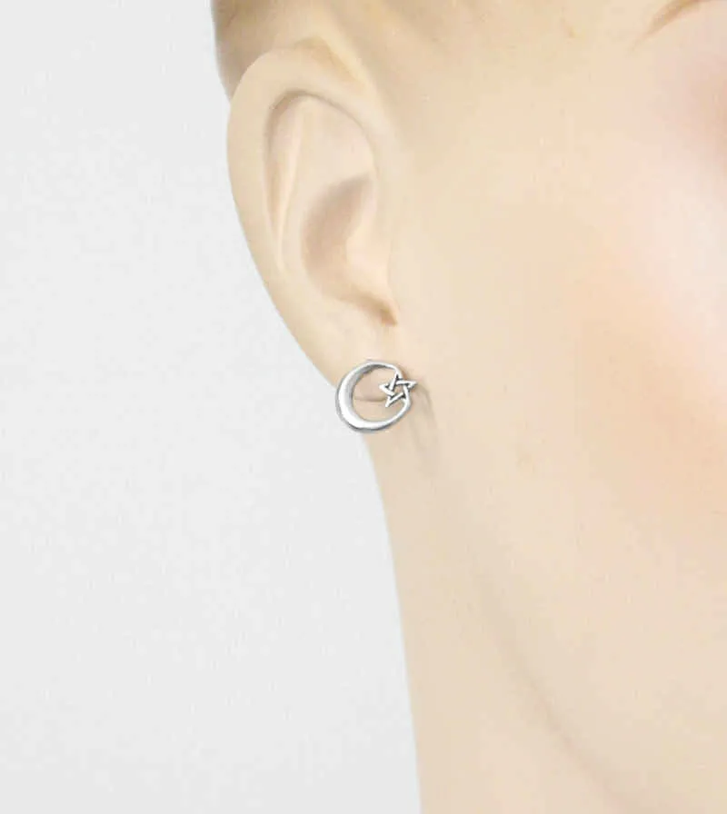 Crescent Moon With Pentagram Post Earrings