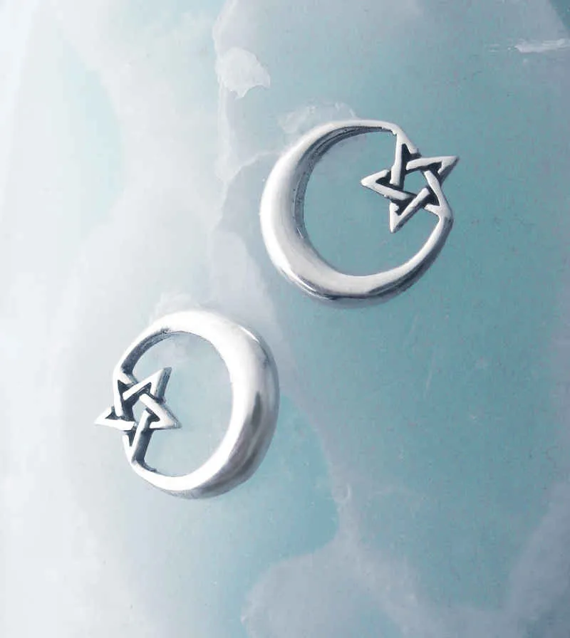 Crescent Moon With Pentagram Post Earrings