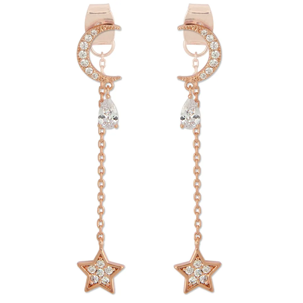 CZ Crescent Moon With Teardrop Crystal and Chain String Star Earrings