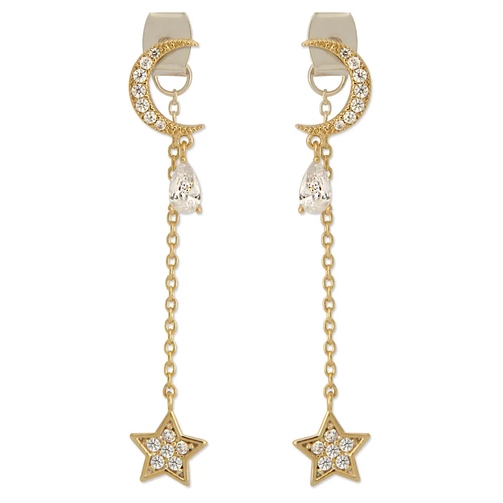 CZ Crescent Moon With Teardrop Crystal and Chain String Star Earrings