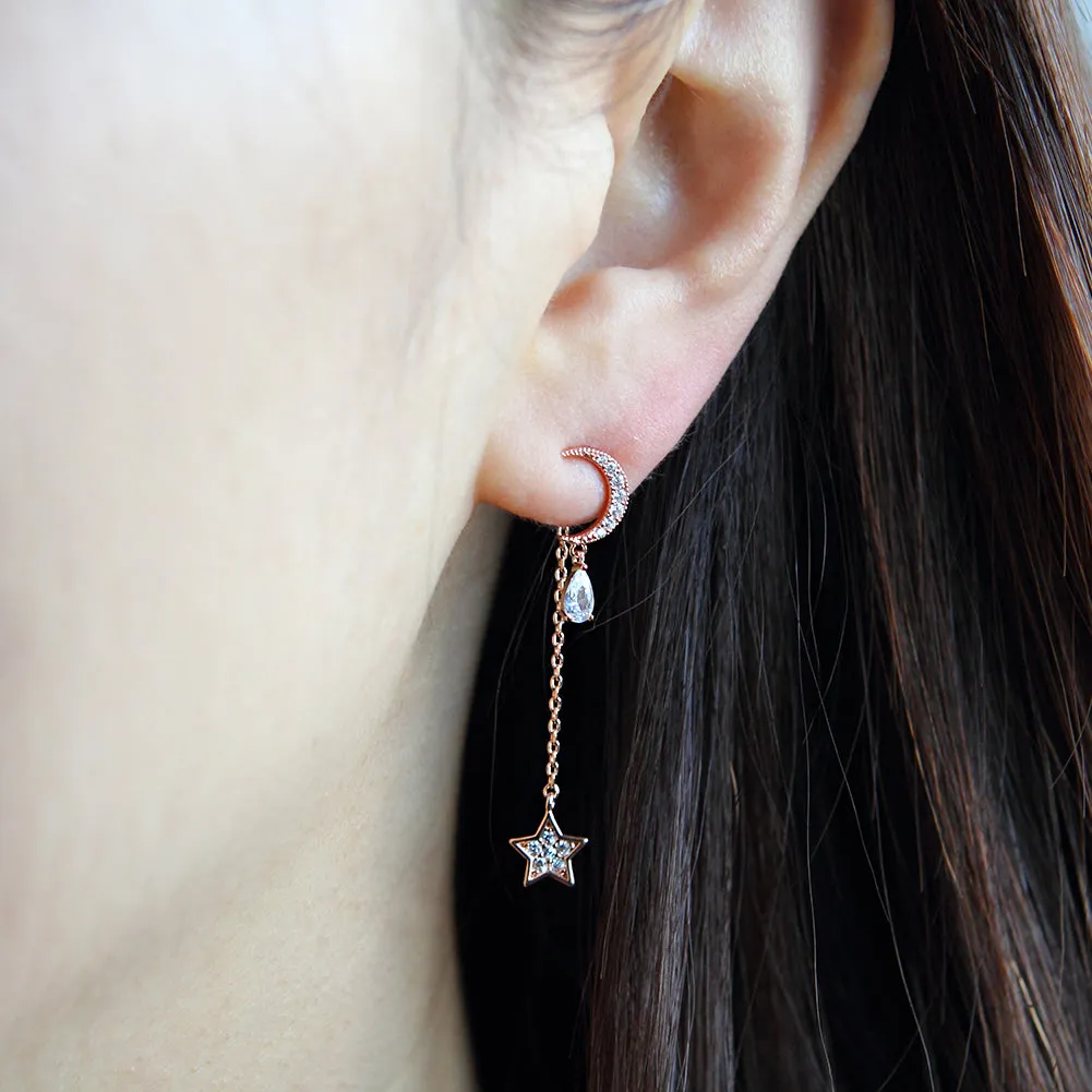 CZ Crescent Moon With Teardrop Crystal and Chain String Star Earrings