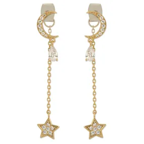 CZ Crescent Moon With Teardrop Crystal and Chain String Star Earrings