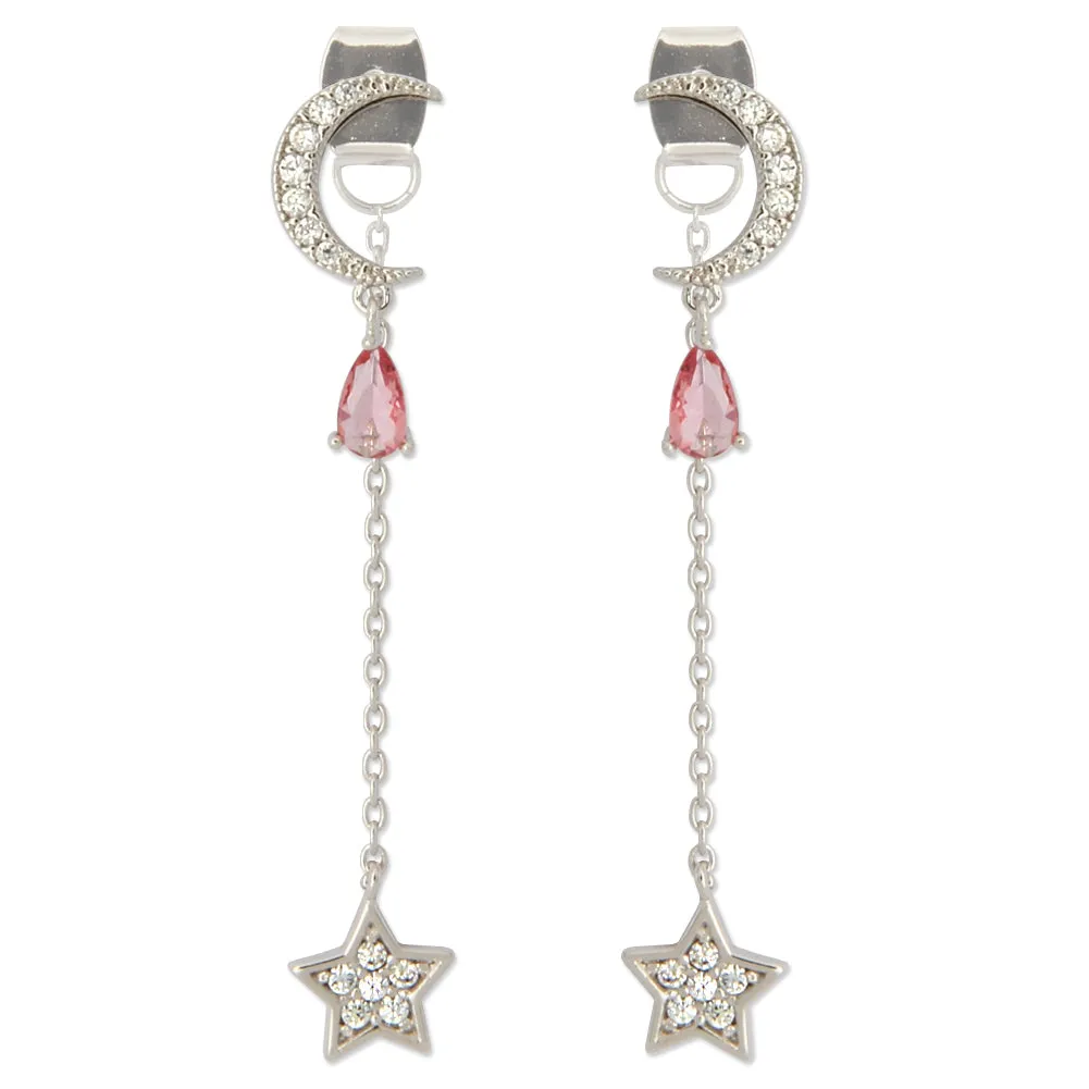 CZ Crescent Moon With Teardrop Crystal and Chain String Star Earrings