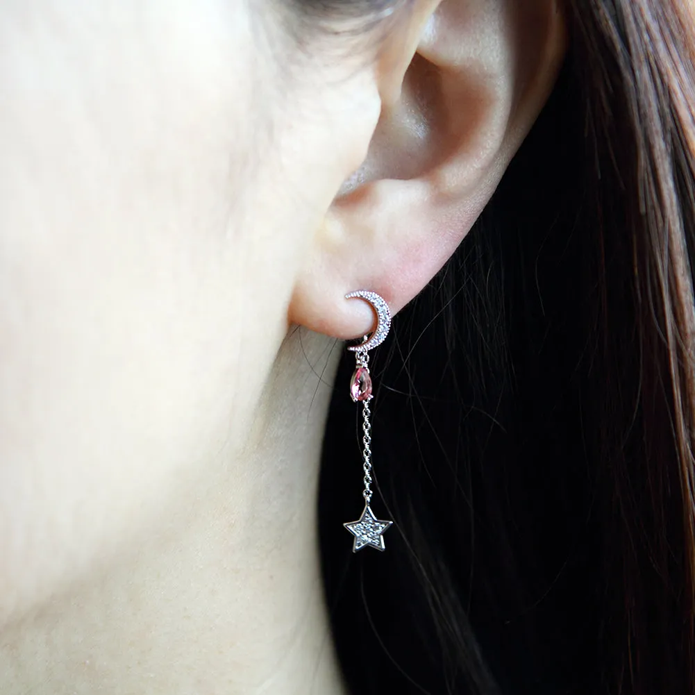 CZ Crescent Moon With Teardrop Crystal and Chain String Star Earrings