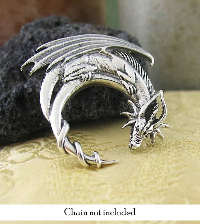 Entwined Winged Dragon And Crescent Moon Pendant