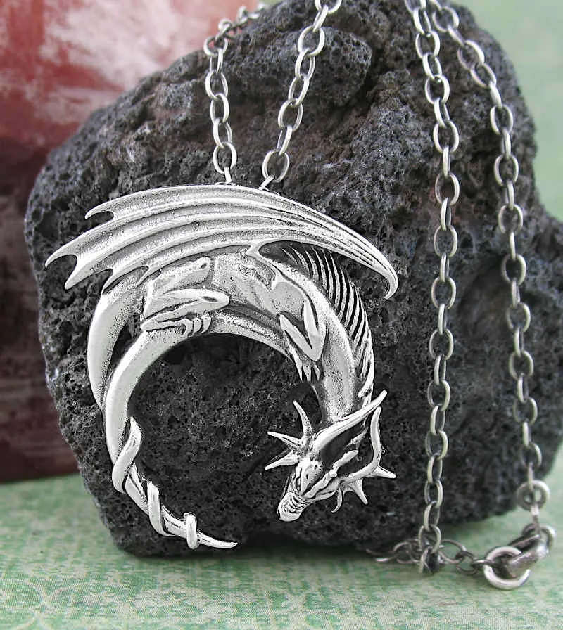 Entwined Winged Dragon And Crescent Moon Pendant