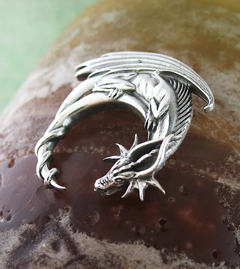 Entwined Winged Dragon And Crescent Moon Pendant