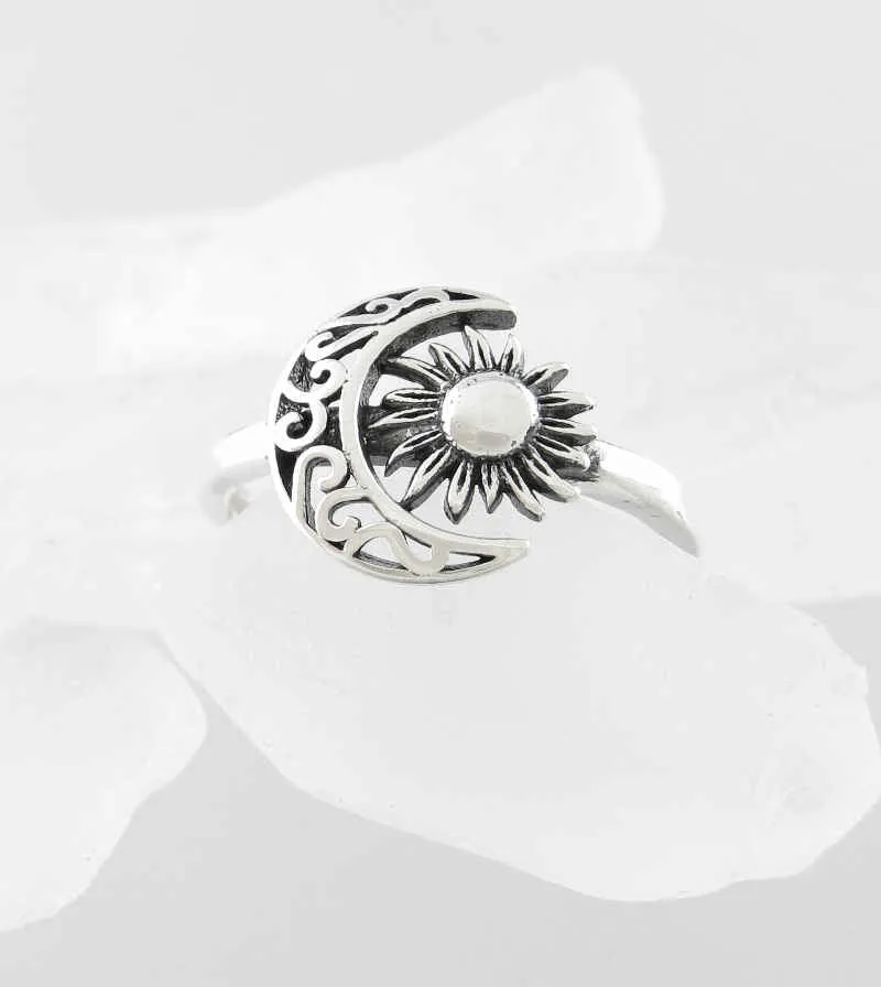 Fancy Crescent Moon And Sun Flower Ring