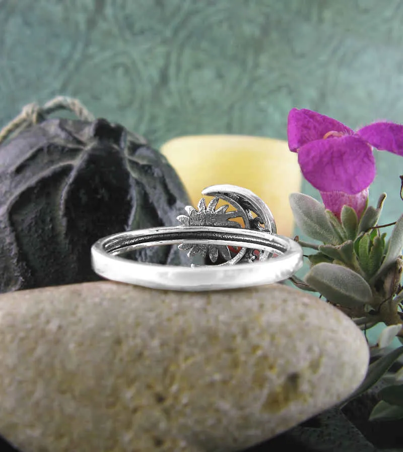 Fancy Crescent Moon And Sun Flower Ring