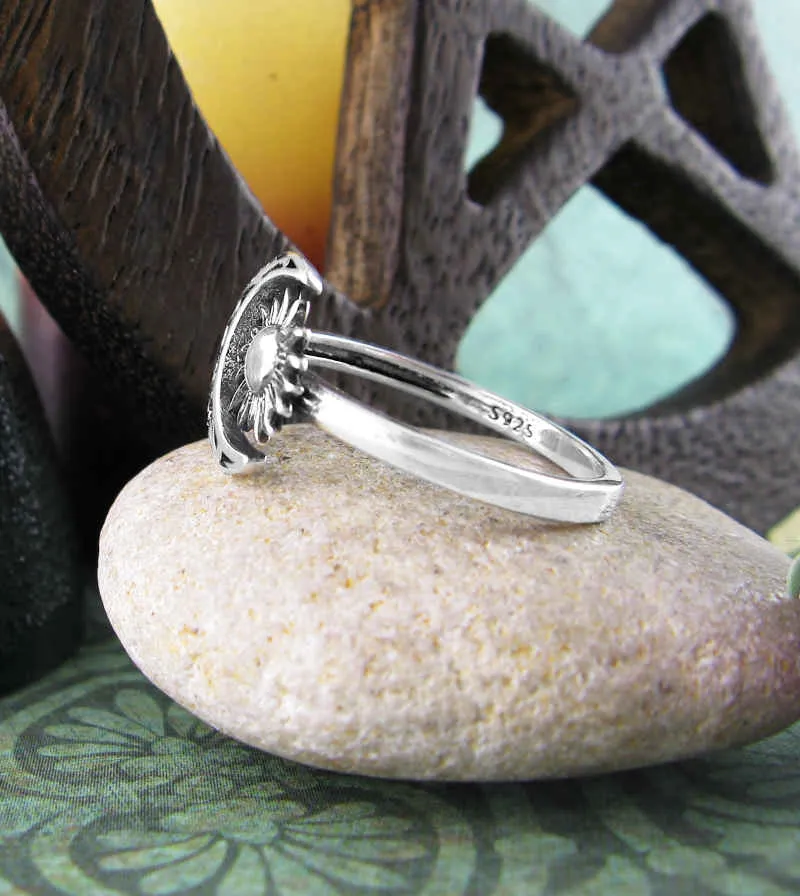 Fancy Crescent Moon And Sun Flower Ring