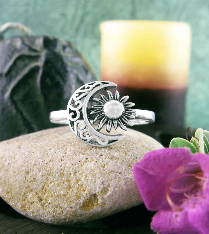 Fancy Crescent Moon And Sun Flower Ring