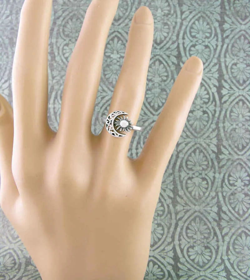 Fancy Crescent Moon And Sun Flower Ring