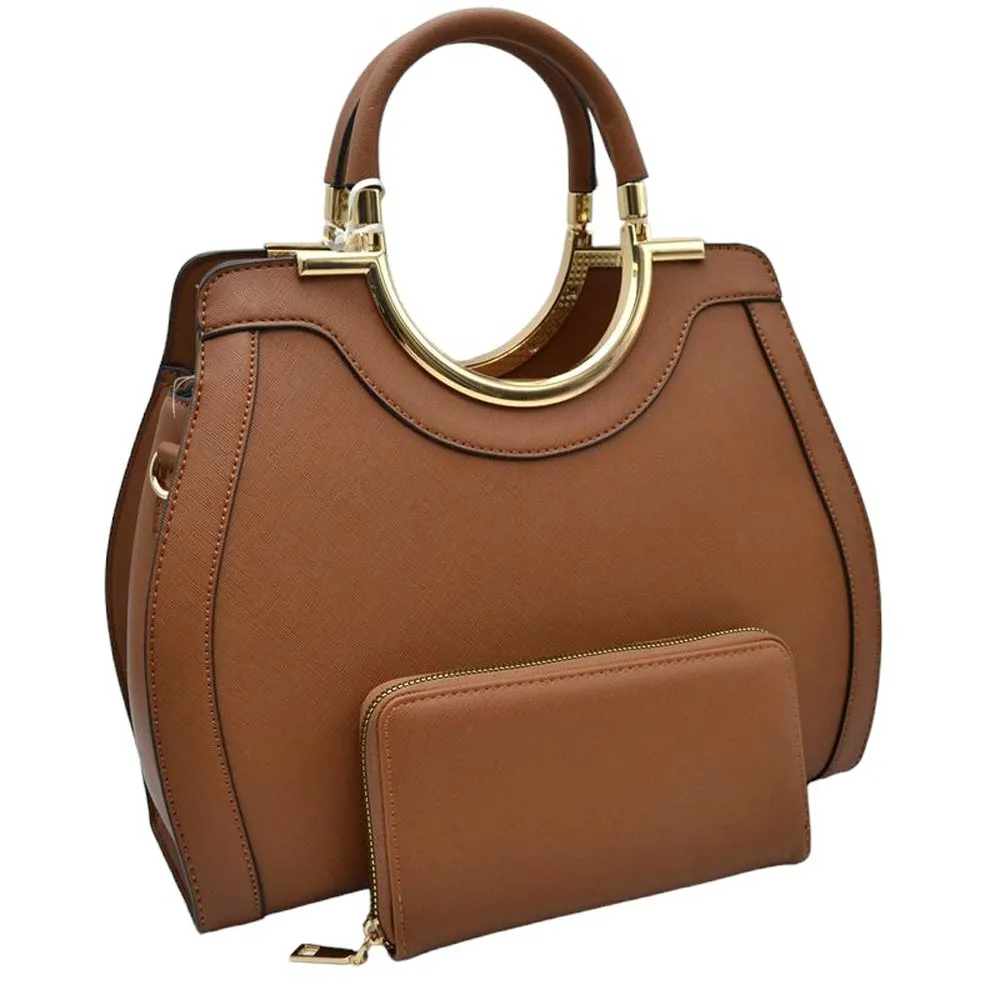 Faux Leather Round Top Handle Tote Bag With Wallet