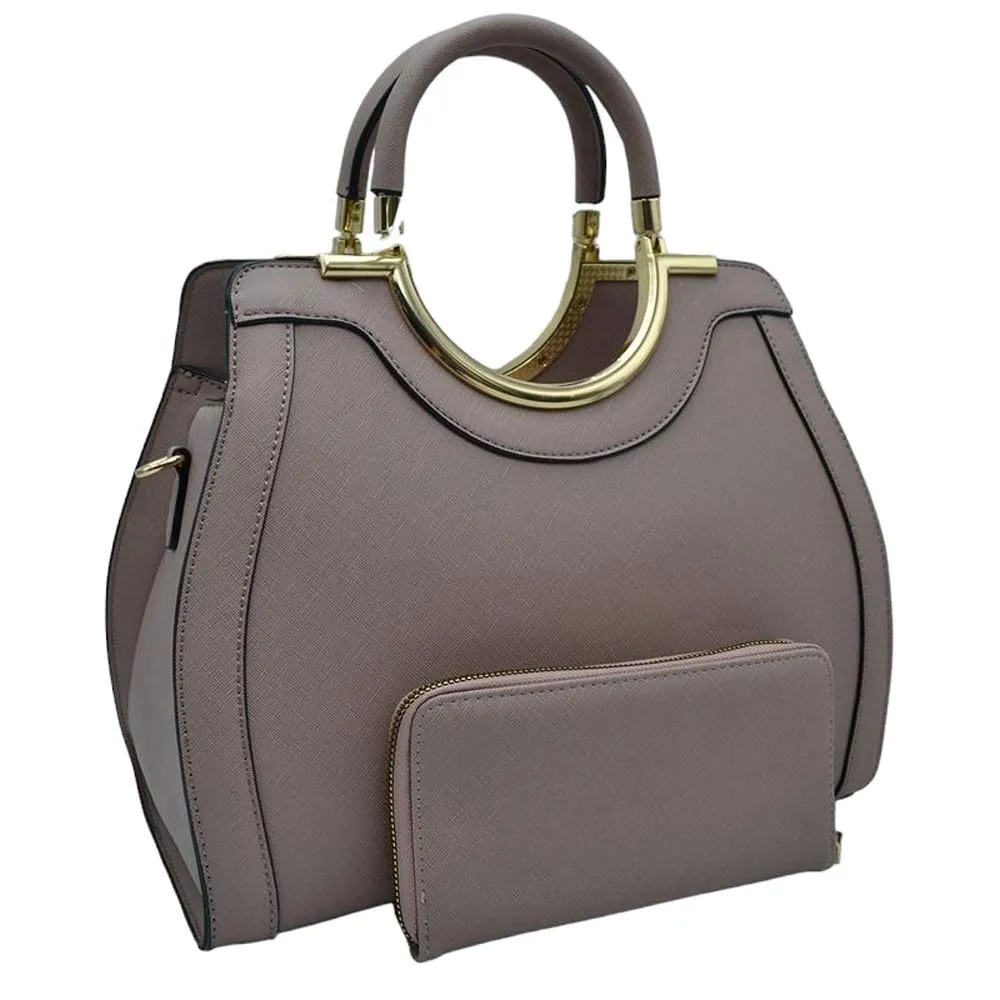 Faux Leather Round Top Handle Tote Bag With Wallet