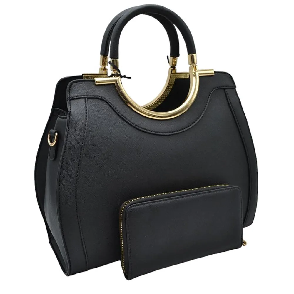 Faux Leather Round Top Handle Tote Bag With Wallet