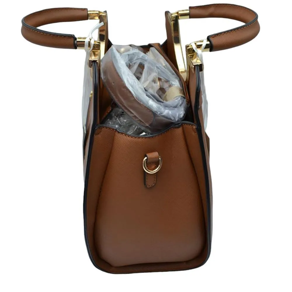 Faux Leather Round Top Handle Tote Bag With Wallet