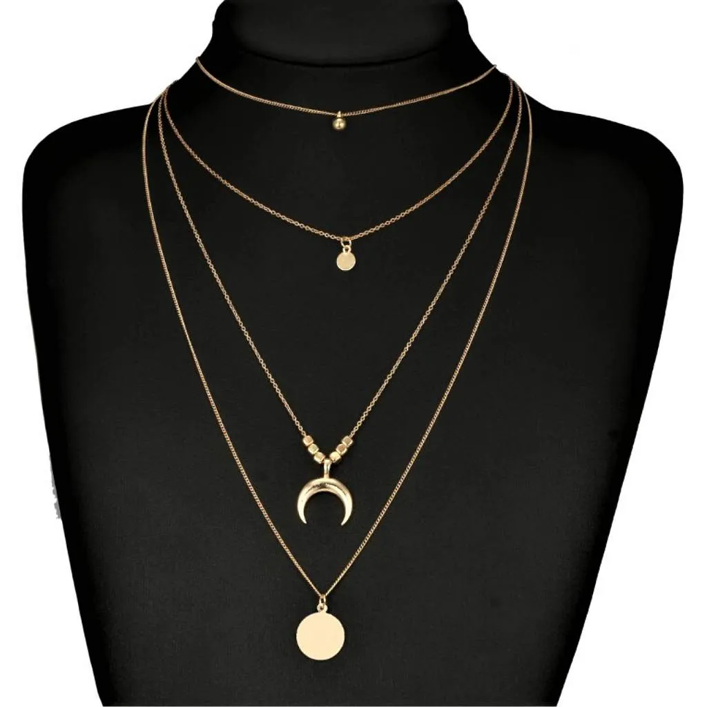 Gold Layered Crescent and Disc Necklace