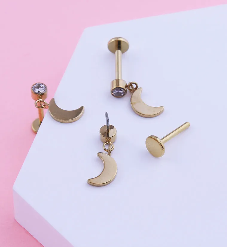 Gold PVD Half Moon Dangle Clear CZ Titanium Threadless Labret