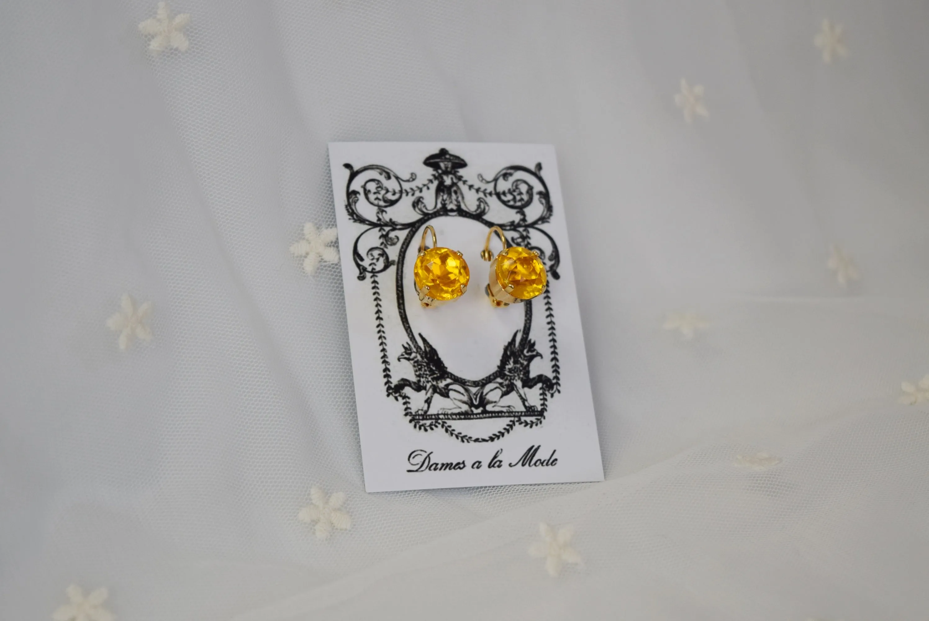 Golden Yellow Crystal Earrings - Small Round