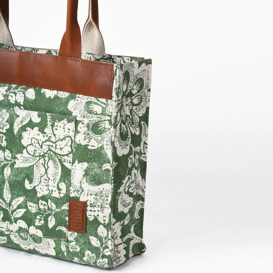 Green Dominoterie print cotton and leather tote bag, large tote, shoulder bag