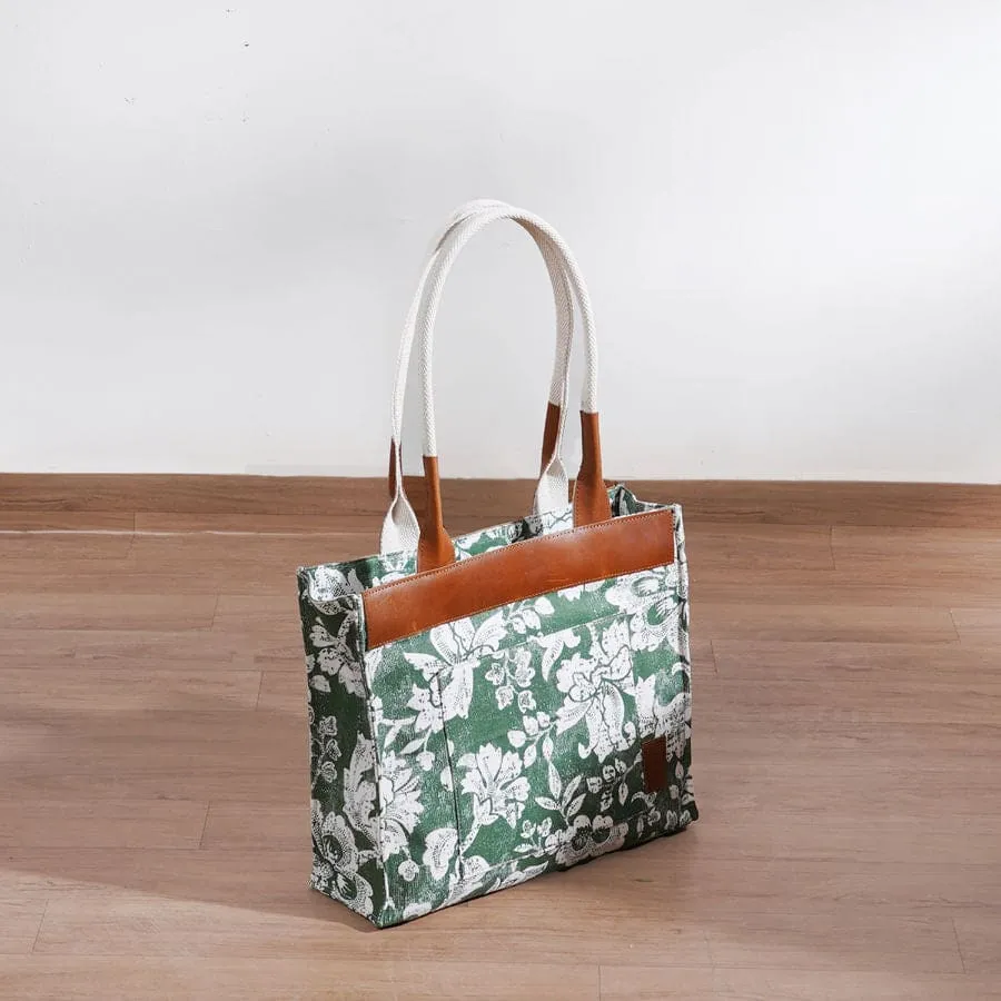 Green Dominoterie print cotton and leather tote bag, large tote, shoulder bag