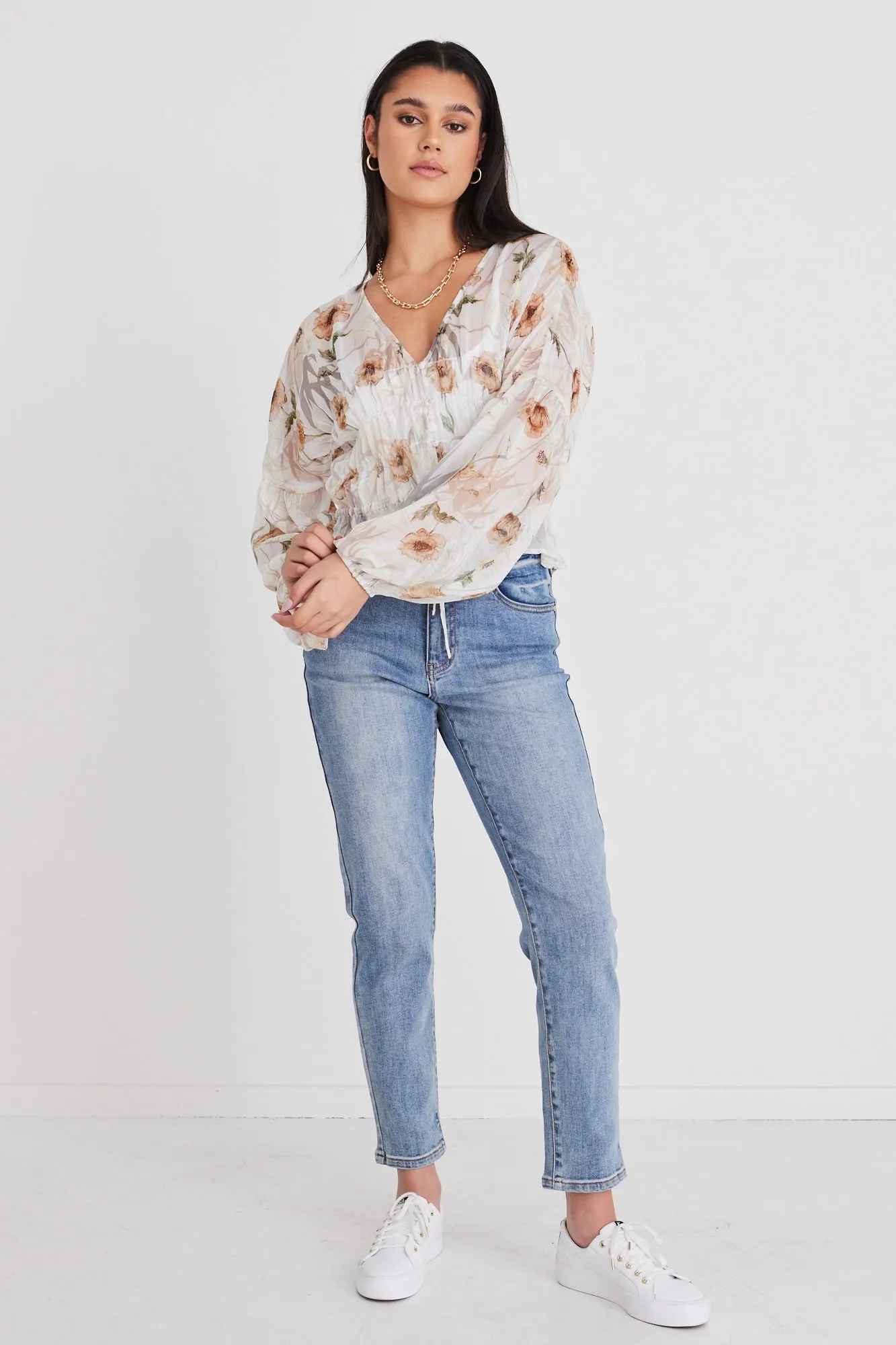 Jolie Beige Floral LS Button Down Top