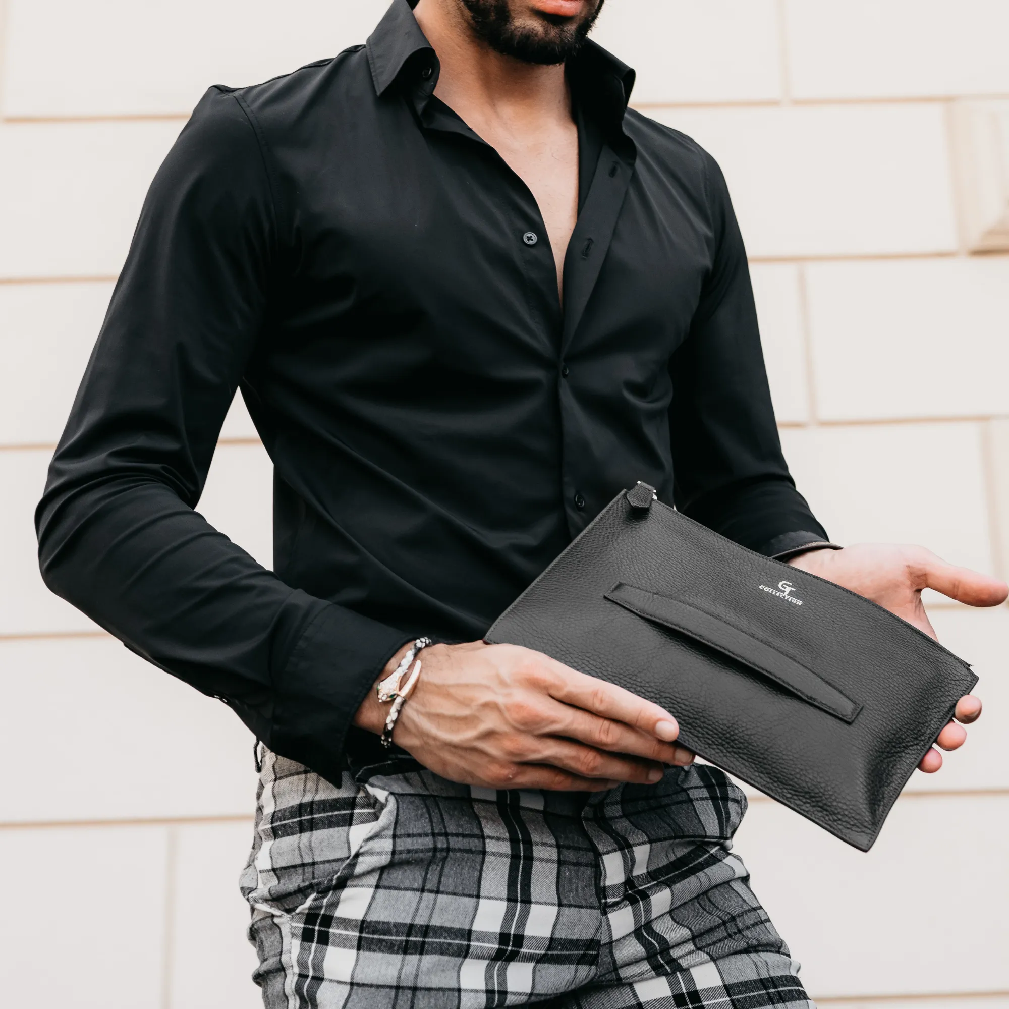 Men's Leather Clutch Bag - Black with golden details