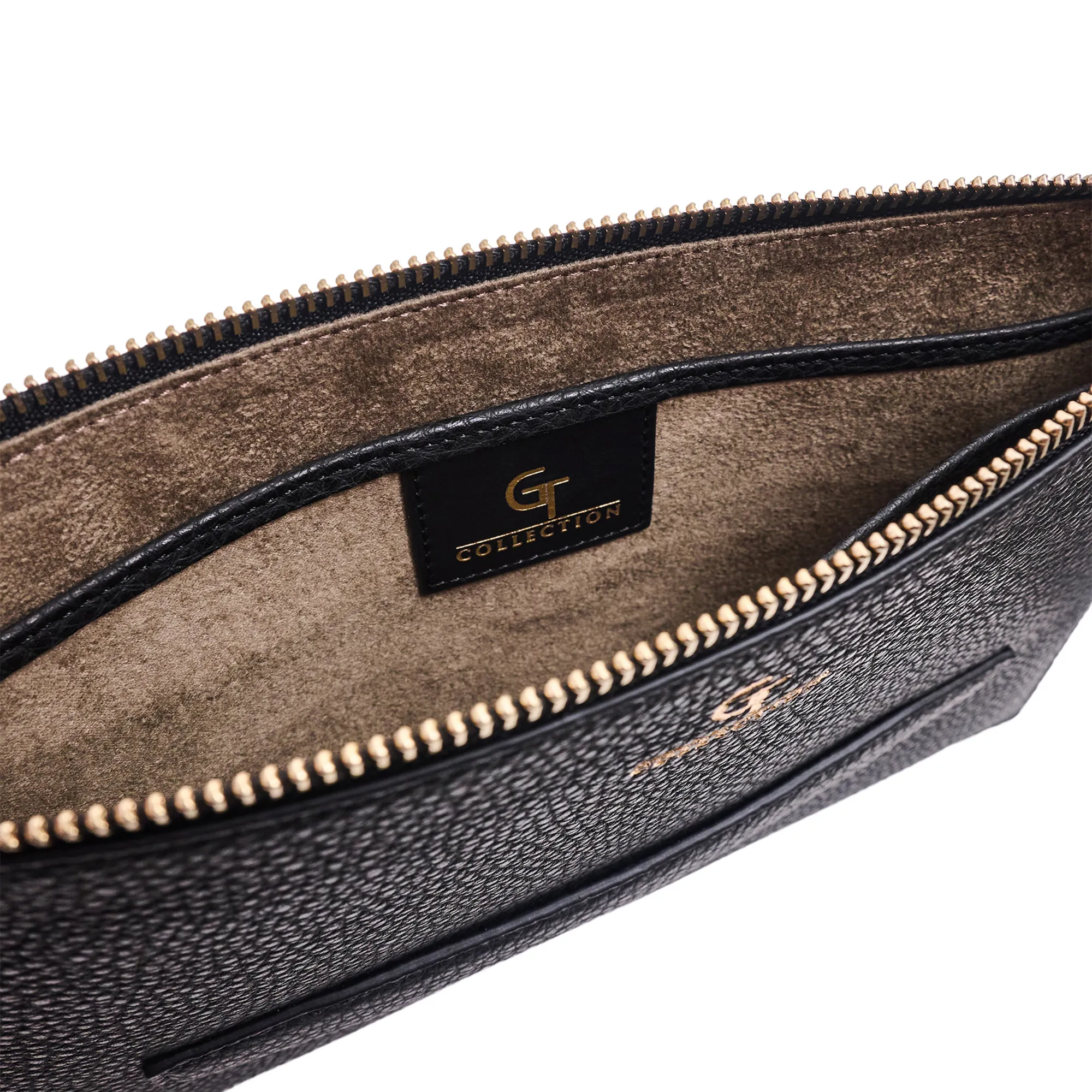 Men's Leather Clutch Bag - Black with golden details