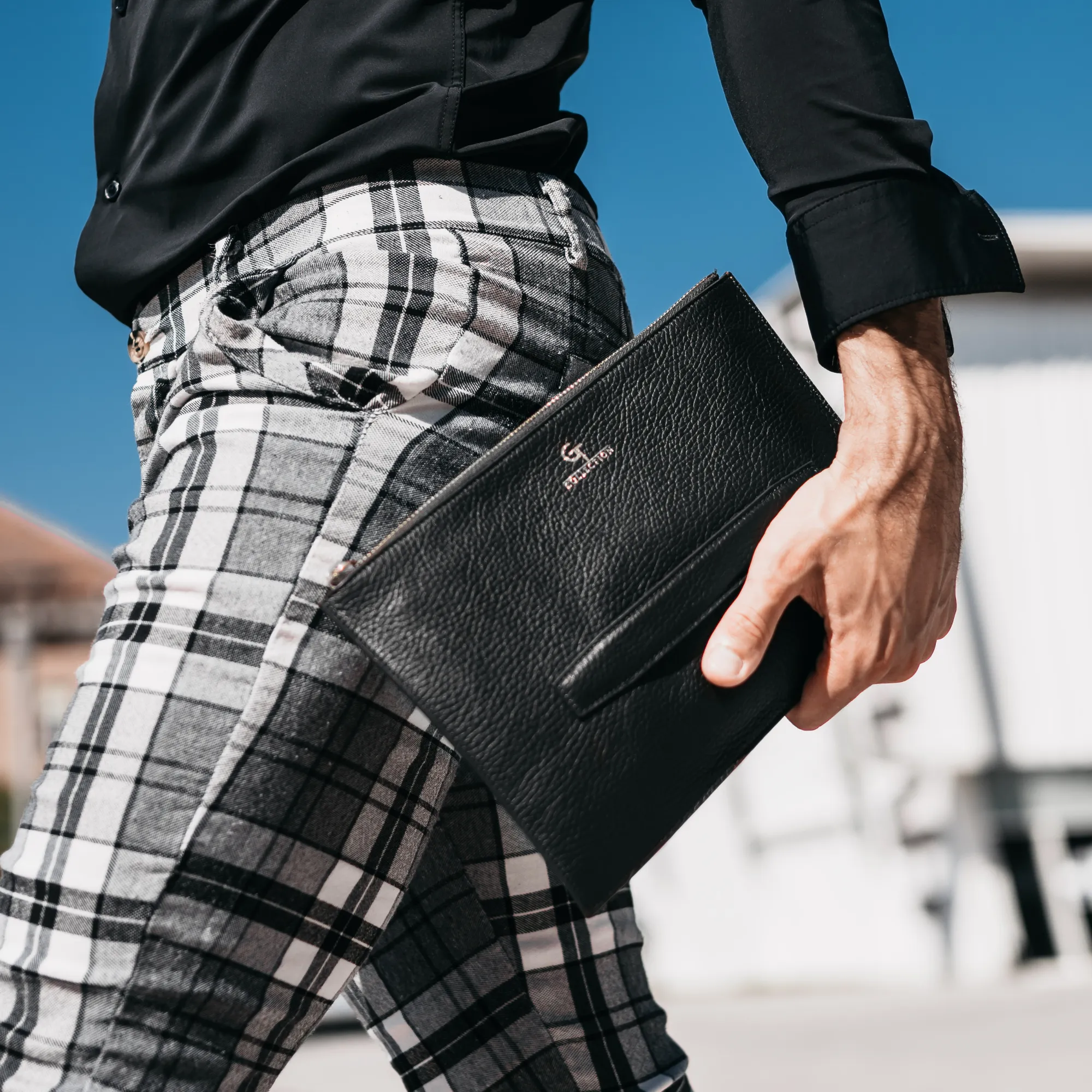 Men's Leather Clutch Bag - Black with golden details