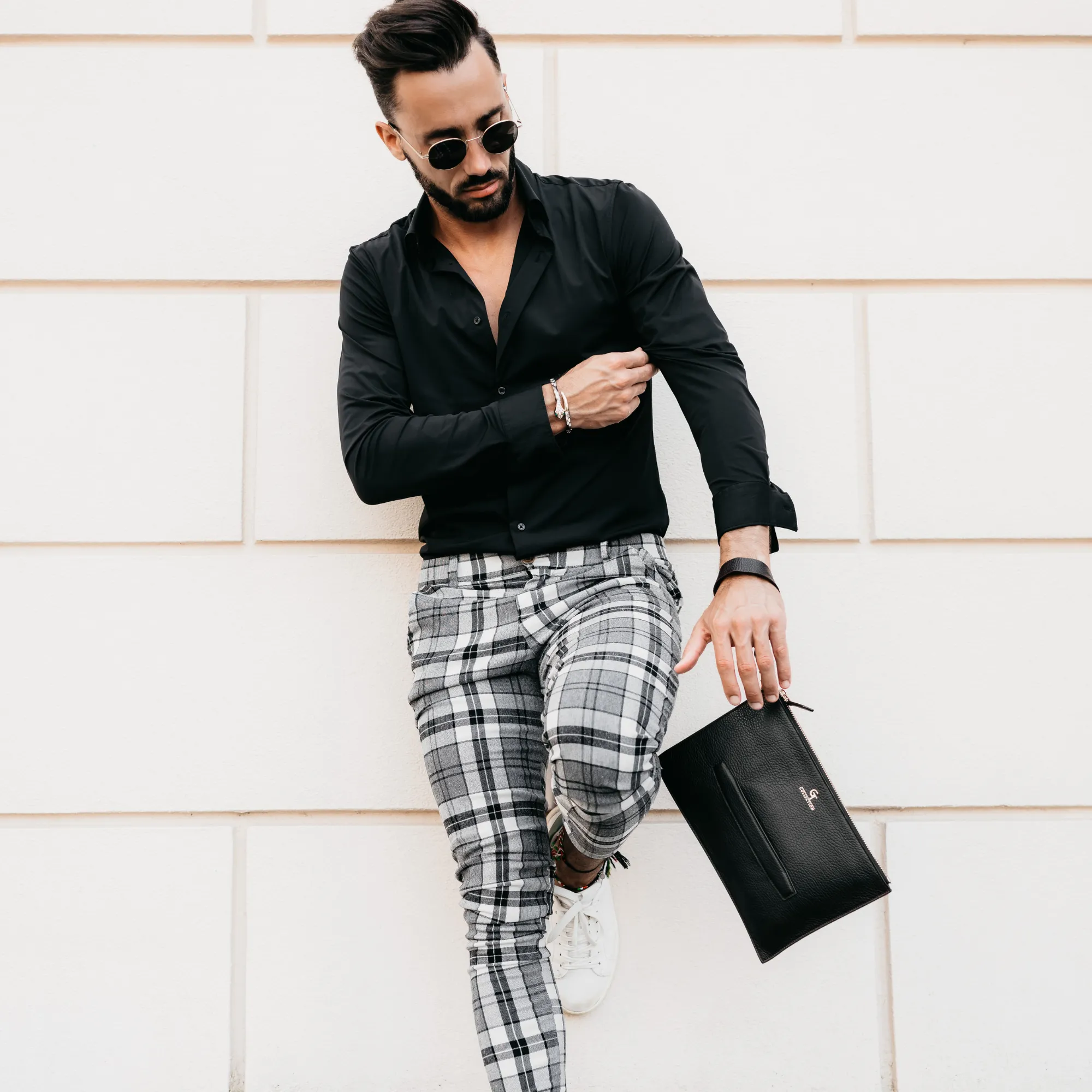 Men's Leather Clutch Bag - Black with golden details