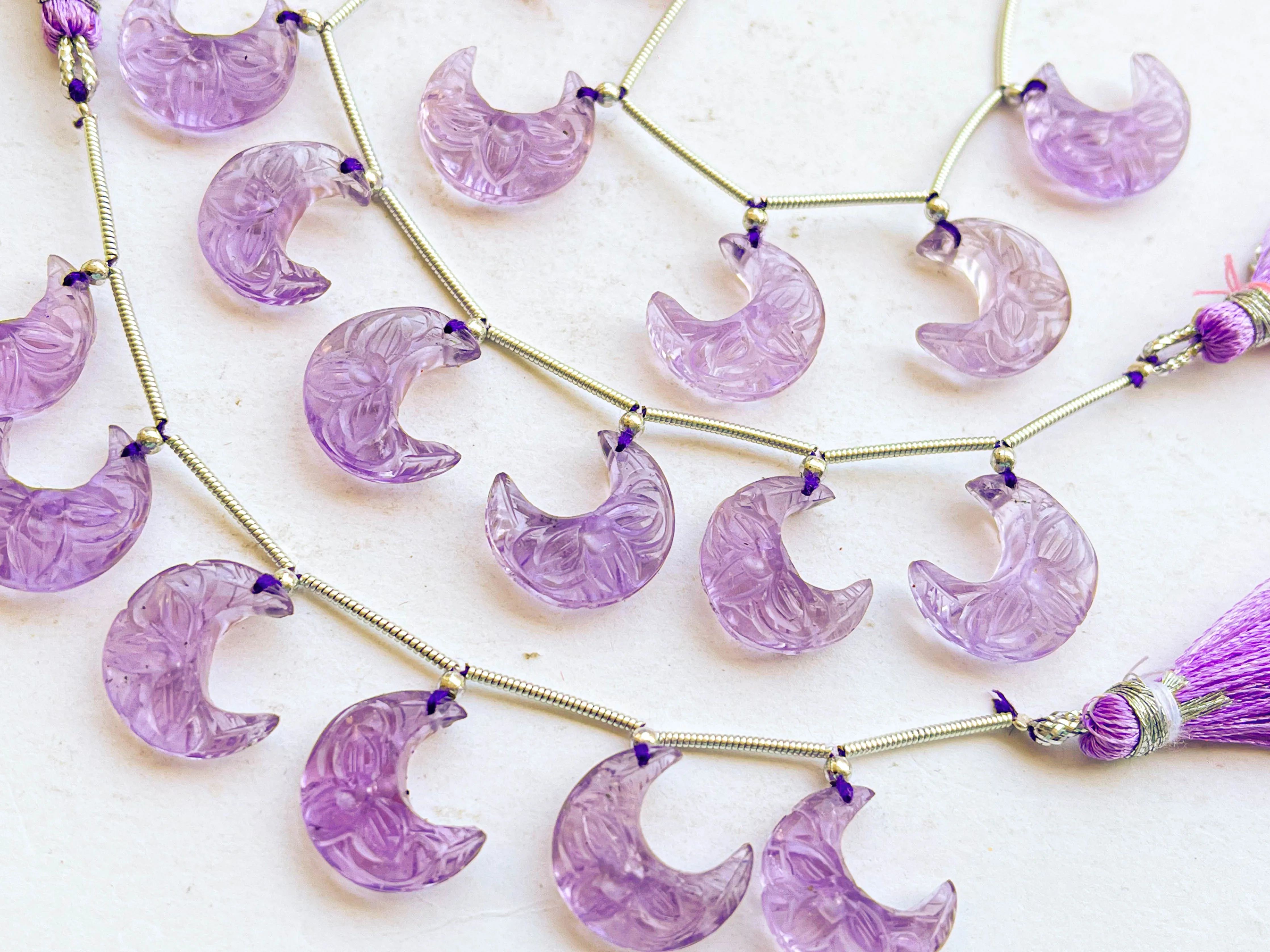 Pink Amethyst Carved Crescent Moon Shape Beads