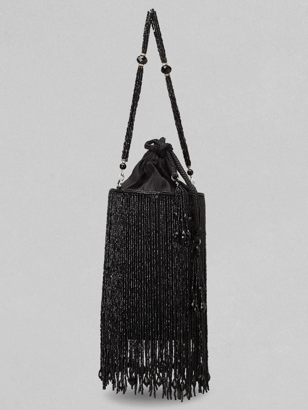 Rubans Black Beaded Fringe Potli Bag