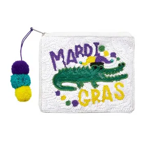 Sequin Beaded Mardi Gras Alligator Pom Pom Mini Pouch Bag