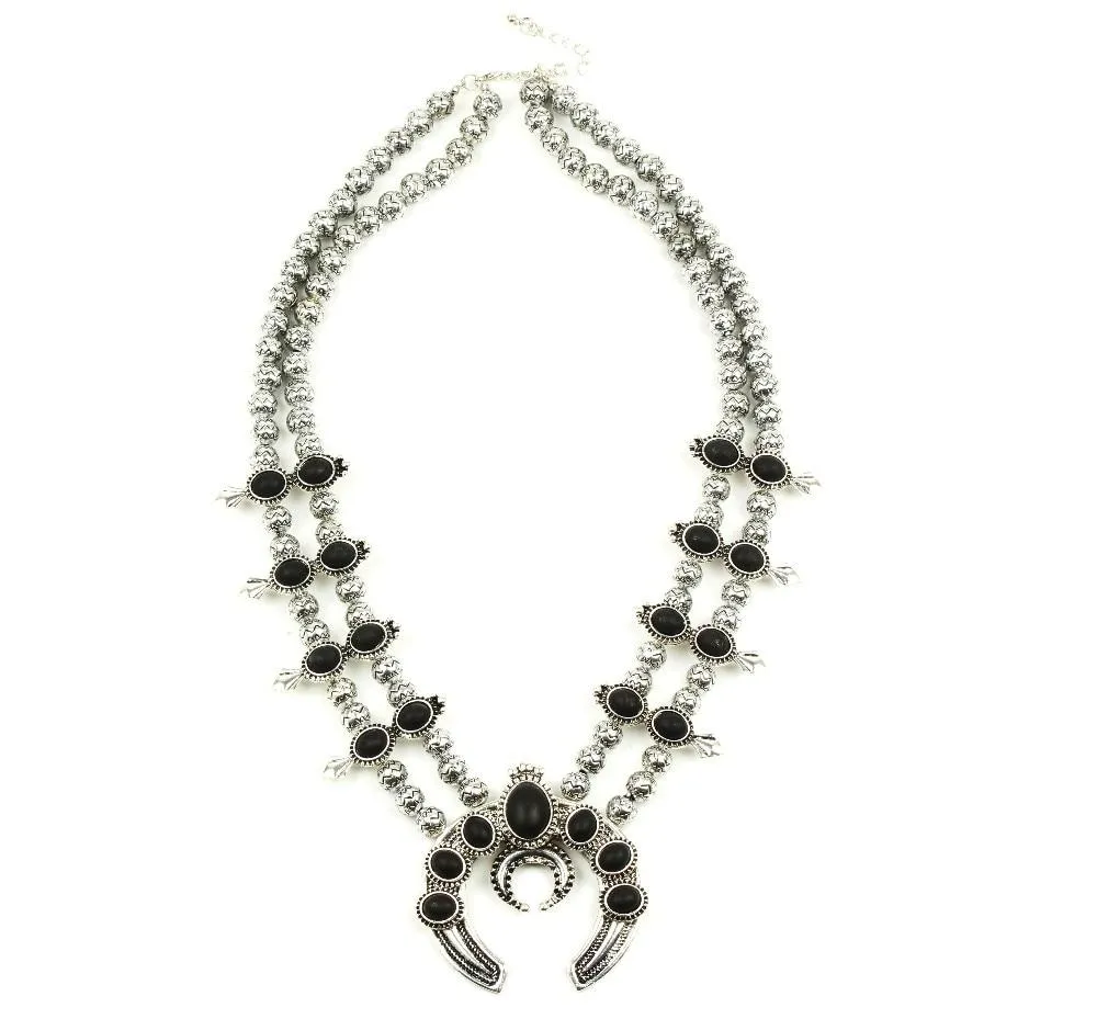 Silver Beaded Stone Double Layer Squash Blossom Statement Necklace